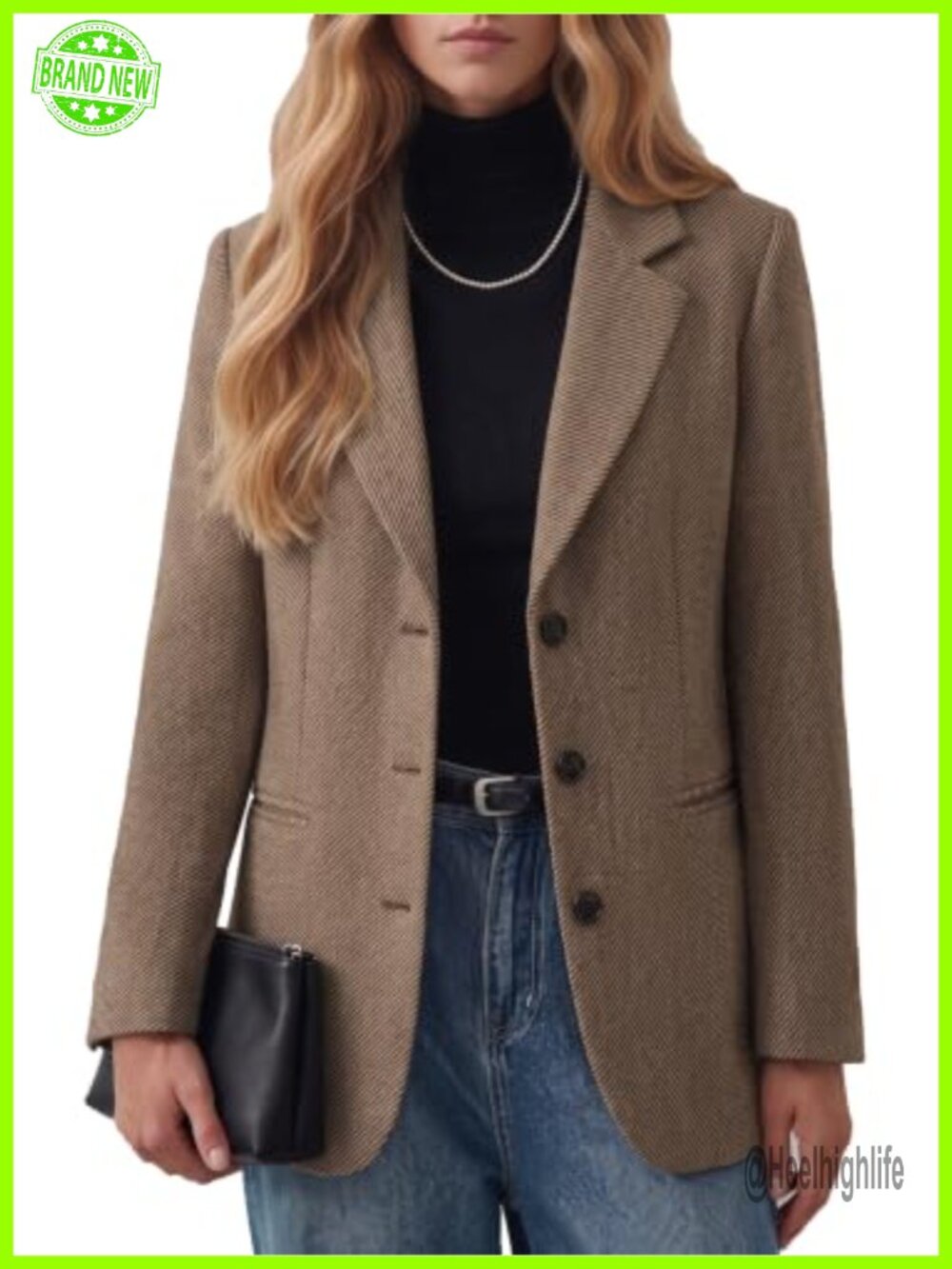 Wool Blend Herringbone Tweed Blazer Notch Lapel Oversized Business Casual
